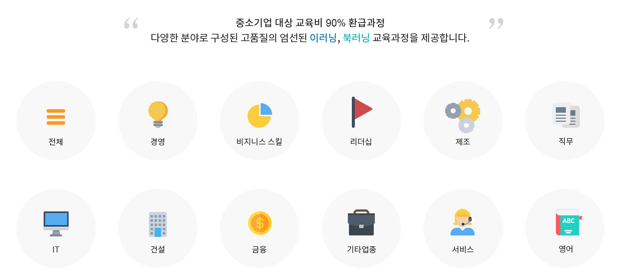 '중소기업 대상 교육비 90% 환급과정 다양한 분야로 구성된 고품질의 엄선된 이러닝, 북러닝 교육과정을 제공합니다' : 전체,경영, 비지니스 스킬, 리더십, 제조, 직무,  IT, 건설, 금융, 기타업종, 서비스, 영어